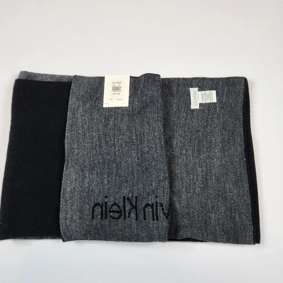 Mens Calvin Klein Reversible Grey Black Knit Scarf Muffler NWT - Picture 2 of 4